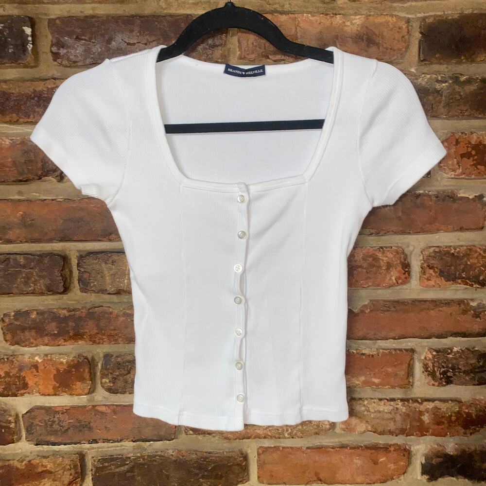Brandy Melville White Ribbed Knit Short Sleeve Button Down Crop Top One Size